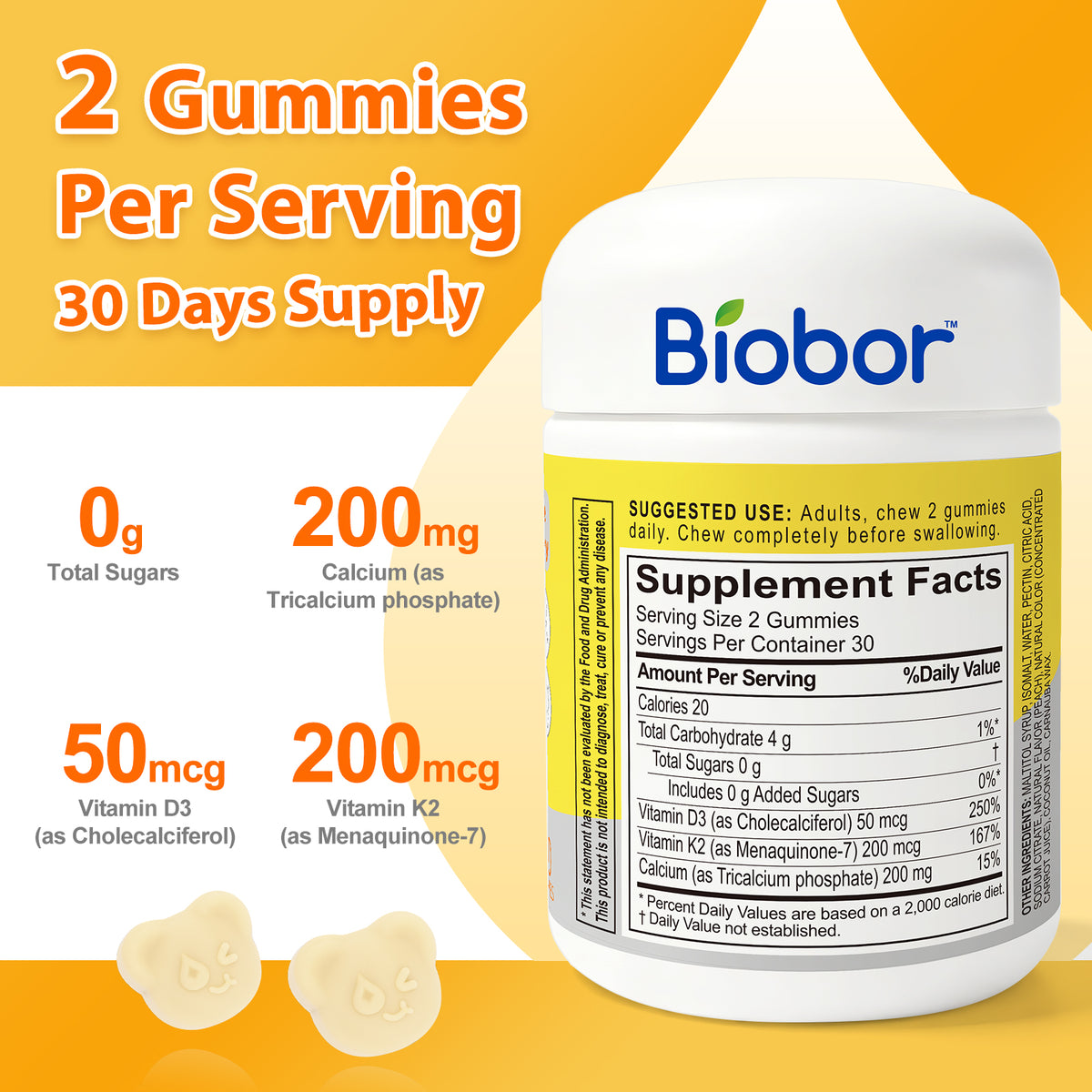Biobor Peach-Flavored Natural Vitamin D3 + K2 Gummies