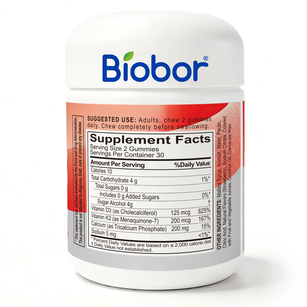 Biobor Strawberry Flavored Calcium + D3 + K2 Gummies